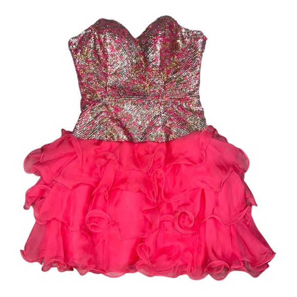 Sherri Hill Fuchsia Sequinned Bodice Ruffle Mini Dress Size 2 - Picture 4 of 9